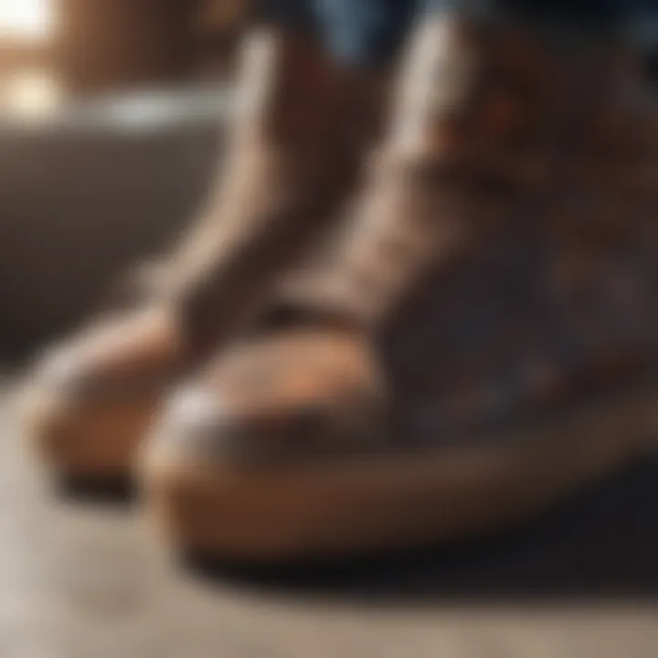 Close-up of designer skate shoes showcasing unique patterns and textures