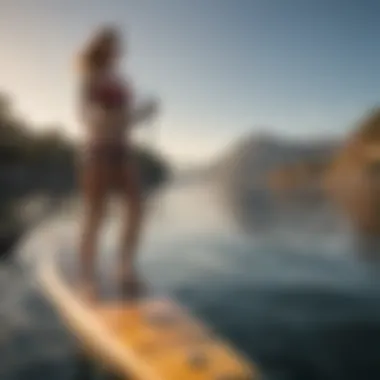 A paddle boarder navigating calm waters, demonstrating skill level.