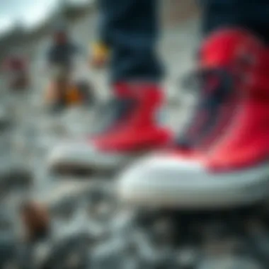 Close-up of red and black Converse high tops on a rocky terrain