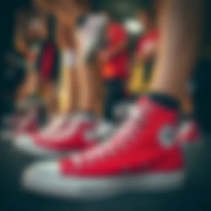 A group of extreme sports enthusiasts showcasing their red and black Converse high tops
