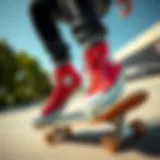 Dynamic action shot of a skateboarder wearing red and black Converse high tops