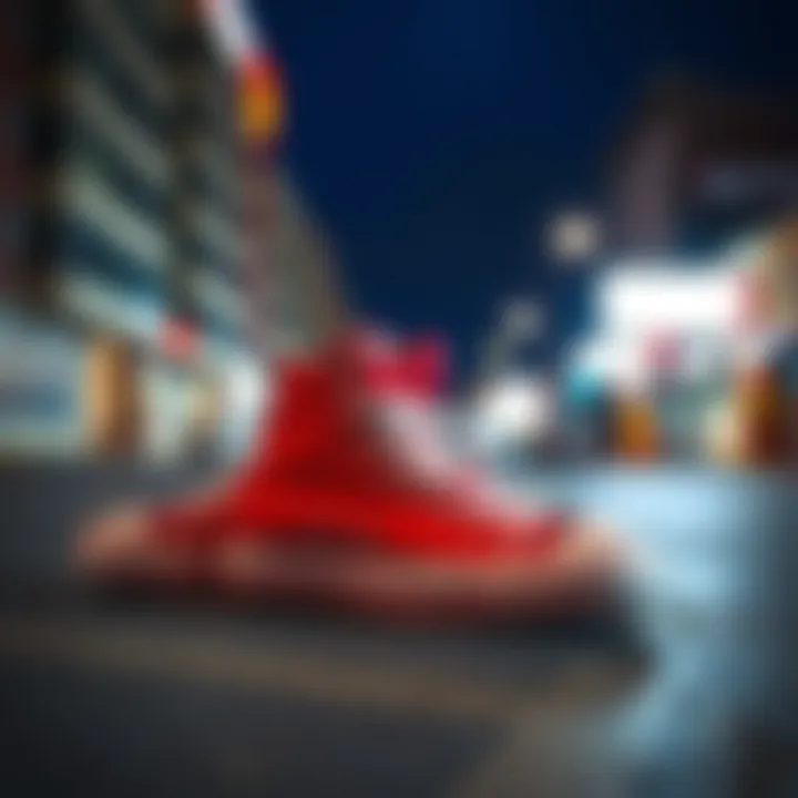 Artistic representation of red and black Converse high tops against a vibrant urban background
