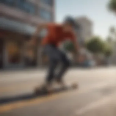 Rider demonstrating a smooth turn on a double drop longboard, emphasizing stability in action