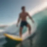 Dynamic action shot of an athlete wearing drifter shorts while surfing a wave