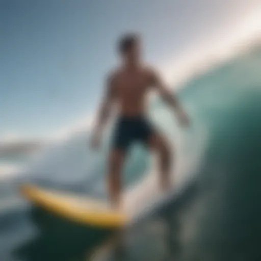 Dynamic action shot of an athlete wearing drifter shorts while surfing a wave