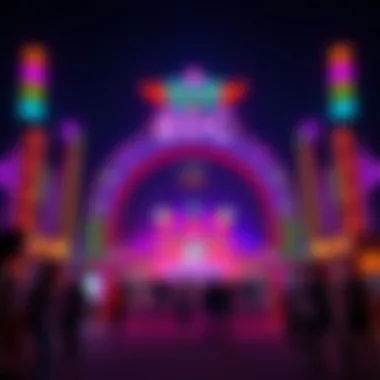 Colorful festival entrance adorned with vibrant lights