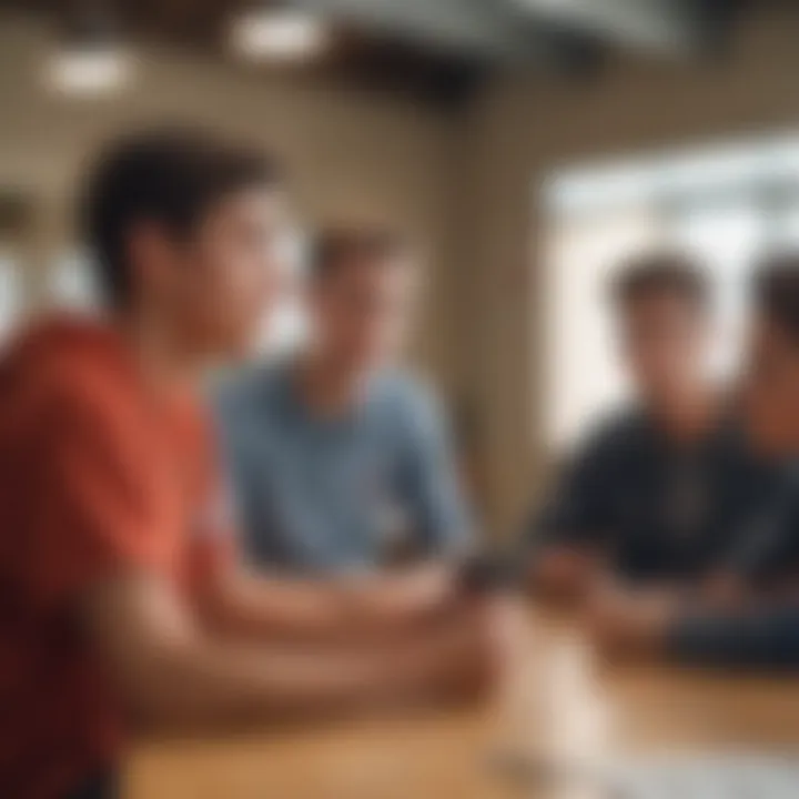 Group of teens discussing summer job opportunities at a community center.