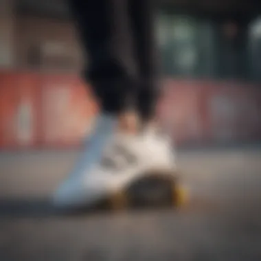 Skater performing tricks while wearing adidas Matchcourt shoes on a vibrant skate park.