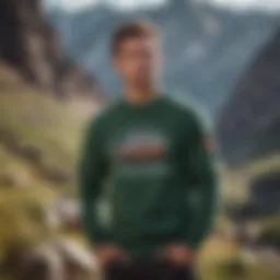 A vibrant crewneck sweater displayed against a rugged mountain backdrop, symbolizing the spirit of adventure.