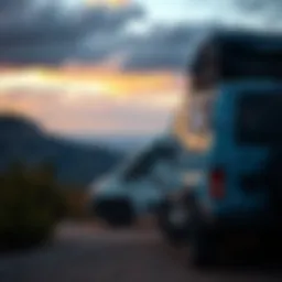 A rugged van parked at a scenic mountain overlook, showcasing its off-road capabilities.