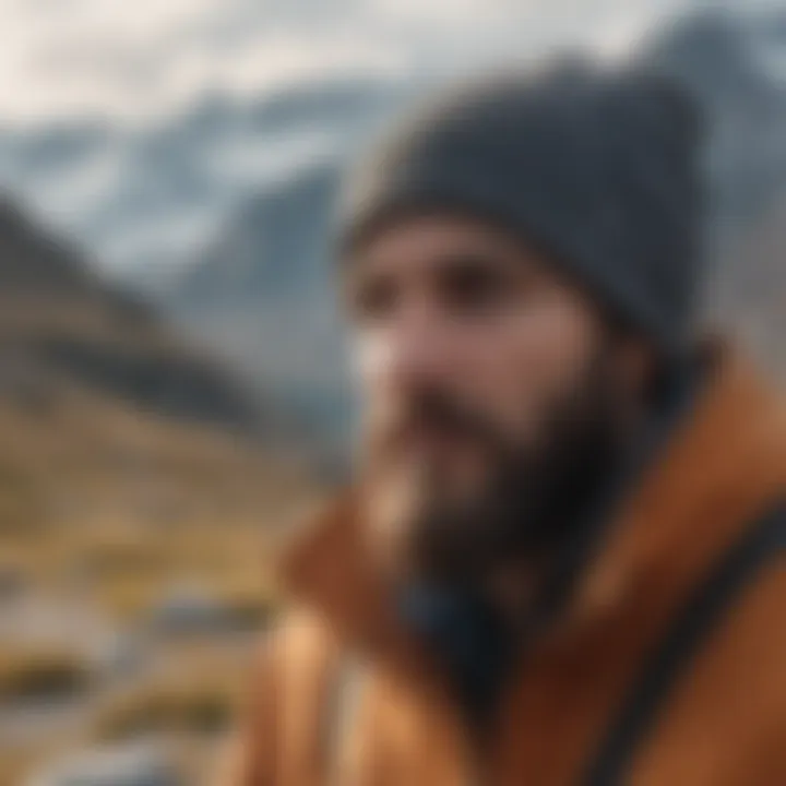 Adventurer wearing a baggy beanie in a mountain landscape