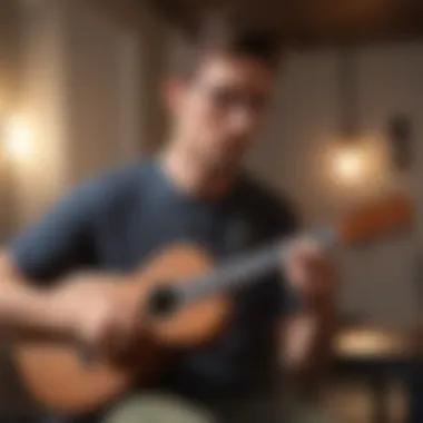 User Engaging with Tuning App User interacting with a baritone ukulele tuning app on a smartphone