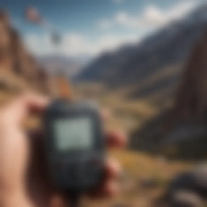 Extreme sports athlete using a wind meter on a mountain