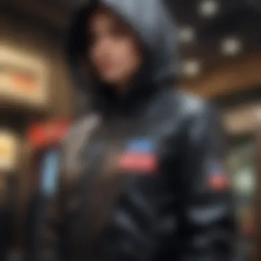 Close-up of high-quality materials used in a black hooded bomber jacket