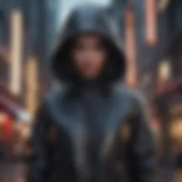 A stylish black hooded bomber jacket displayed against an urban backdrop