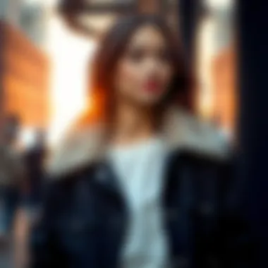 A fashionable individual showcasing a black jean jacket with fur in an urban setting.