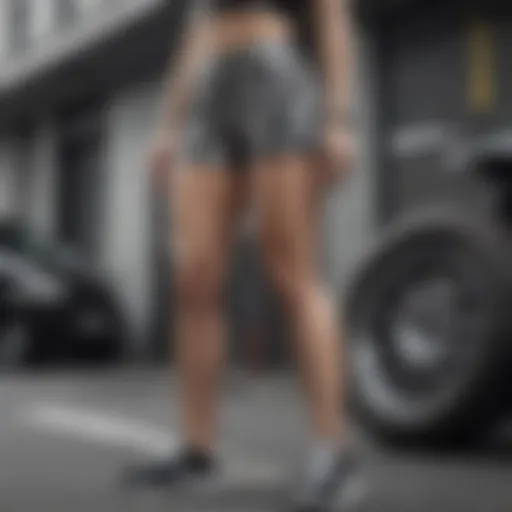 Dynamic biker shorts featuring a classic black and white checkered pattern in an urban setting.