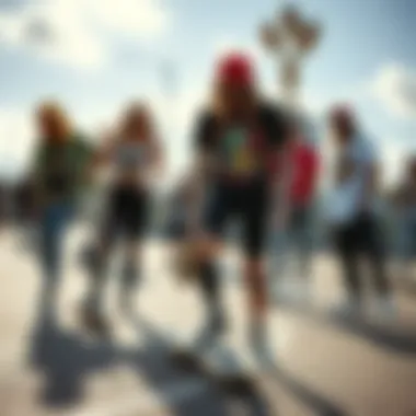 Skate Fashion and Individuality A vibrant scene of skaters in trendy skate clothing expressing their individuality.