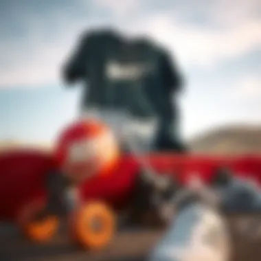 Skateboarding Gear and Fashion Brands A stylish composition of skateboarding gear accompanied by popular skate clothing brands.