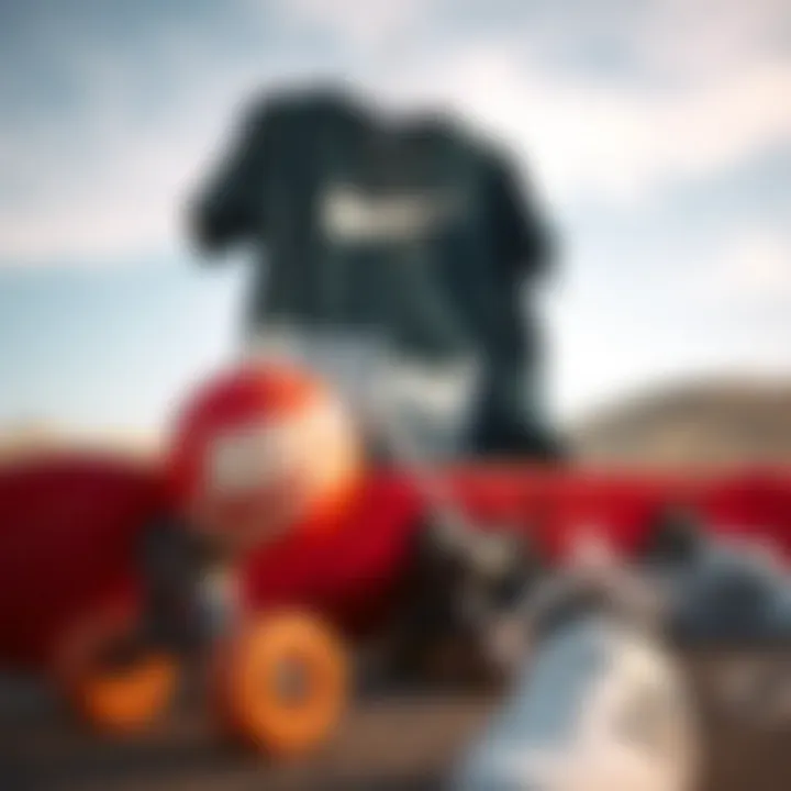 Skateboarding Gear and Fashion Brands A stylish composition of skateboarding gear accompanied by popular skate clothing brands.