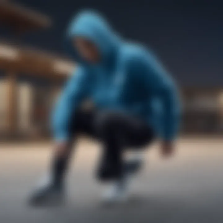 Group of extreme sports enthusiasts showcasing their style while wearing blue Nike pullover hoodies at a skatepark.