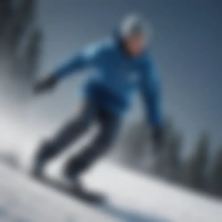 Dynamic action shot of an athlete wearing a blue Nike pullover hoodie during a snowboarding competition.