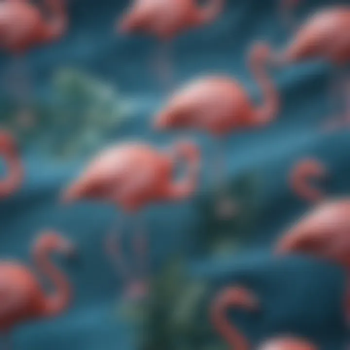 Close-up of high-quality fabric used in blue swim trunks with flamingos.