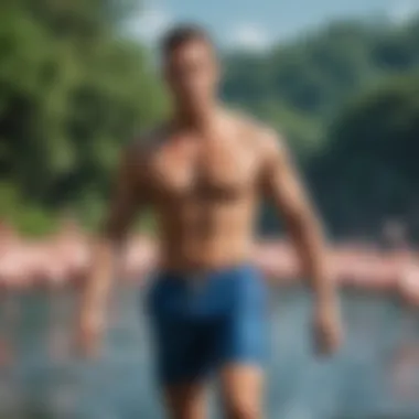 An adventurous individual wearing blue swim trunks while engaging in water sports.