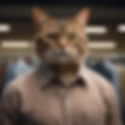 Stylish cat-themed button-up shirt showcased on a hanger