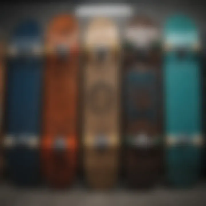 An array of complete skateboards displayed in vibrant colors and styles, catering to different preferences.