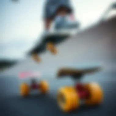 A skateboard deck featuring Spitfire wheels in action during a skateboarding trick