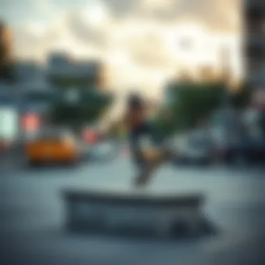 Skateboarder performing tricks on a small skate rail in an urban environment.