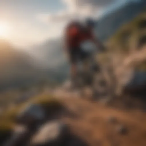 A breathtaking view of a mountain biker navigating a rocky trail