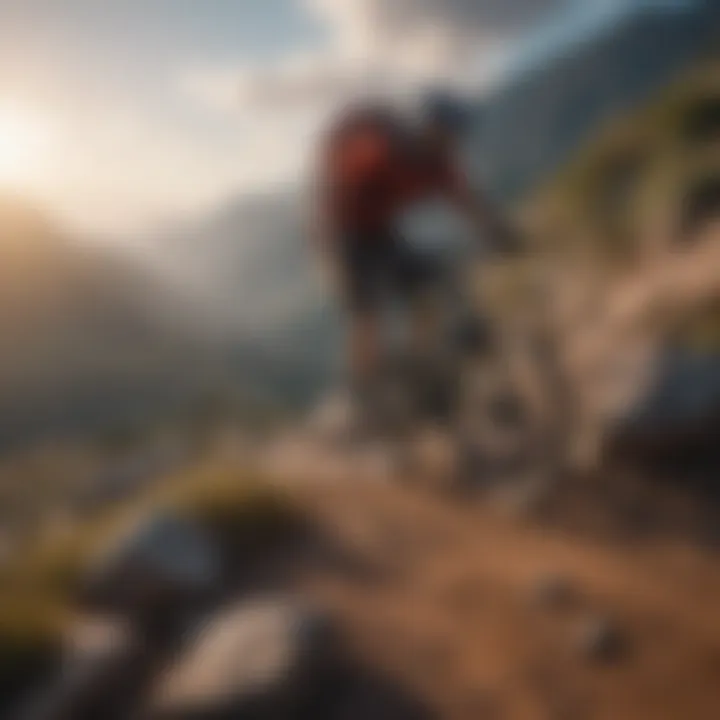 A breathtaking view of a mountain biker navigating a rocky trail