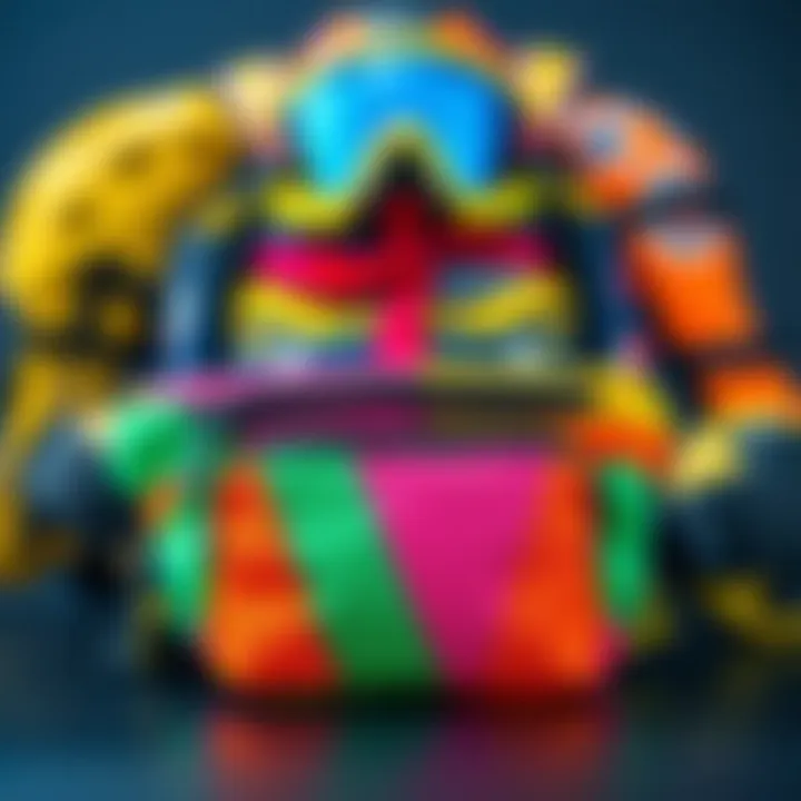 Fanny pack in a vibrant color scheme displayed against a backdrop of extreme sports gear.