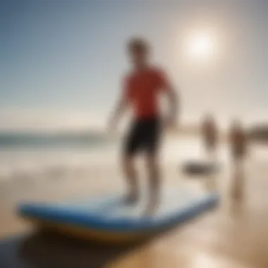 A diverse group of riders of varying skill levels enjoying a 45-inch boogie board at the beach.