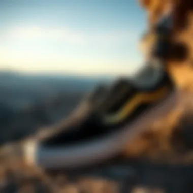 Gold Vans in Extreme Sports Context Gold Vans slip-ons styled in an extreme sports environment