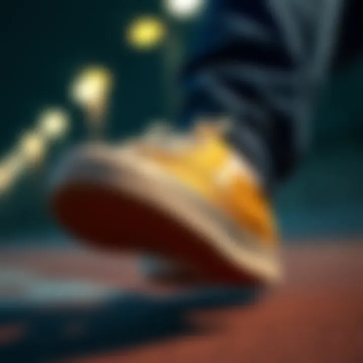 Performance Characteristics Under Action Performance characteristics of gold Vans slip-ons during an action-packed activity