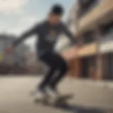 Dynamic action shot of a skateboarder wearing a graphic long sleeve shirt, showcasing bold designs