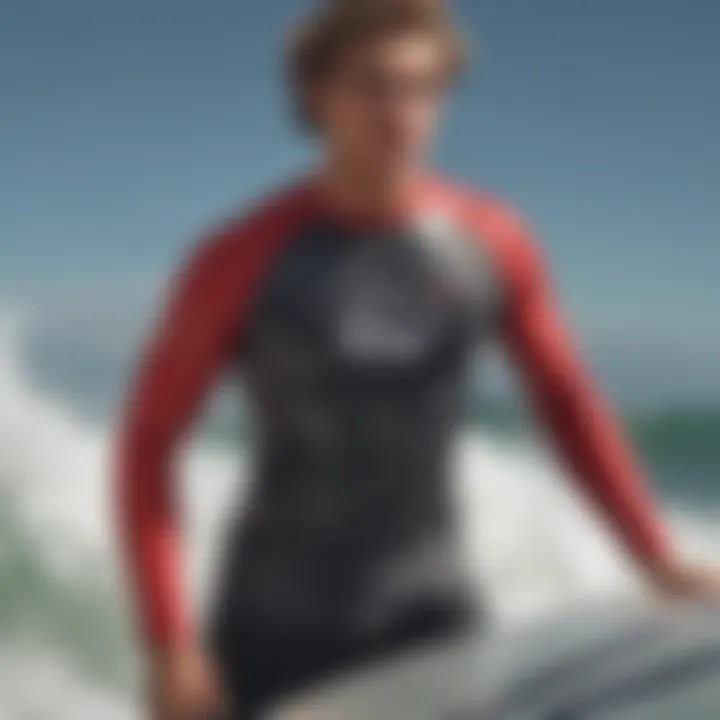 A surfer in motion, clad in a graphic long sleeve shirt, illustrating the blend of functionality and fashion