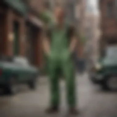 Stylish urban setting featuring an individual in green Dickies overalls, blending fashion and functionality