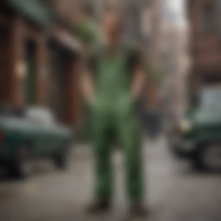 Stylish urban setting featuring an individual in green Dickies overalls, blending fashion and functionality