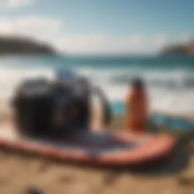 Essential surfing gear displayed on a beach towel ready for use.