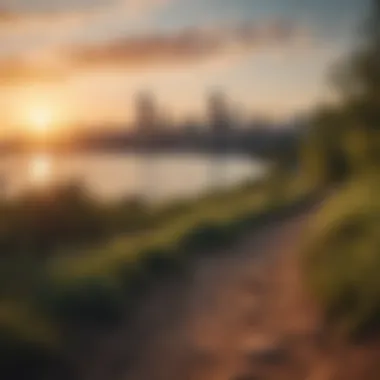 Panoramic view from a hiking trail showcasing Chicago's skyline against the backdrop of a setting sun.