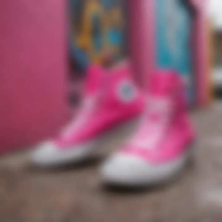 Artistic display of hot pink Converse shoes against a graffiti backdrop