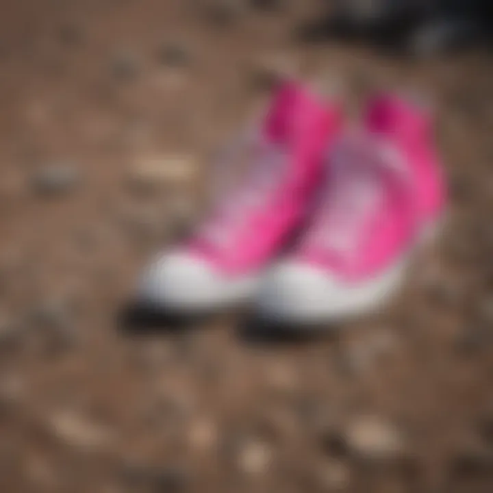 Close-up of hot pink Converse shoes on a rugged terrain