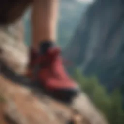 Dynamic action shot of a climber wearing Salomon red shoes on a rugged cliff