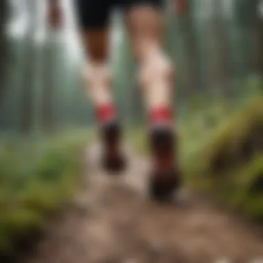 Athlete demonstrating agility while wearing Salomon red shoes on a trail run