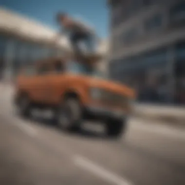 Skateboarder performing tricks using 149 trucks