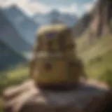 A rugged JanSport solid color backpack against a scenic mountain backdrop, ready for adventure.